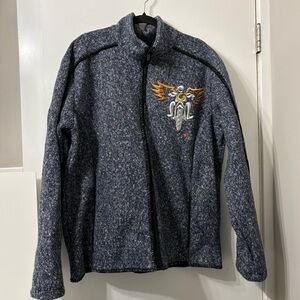 Zip-Up X-Tweed & Wool Arctic Twist Jacket with Embroidered Motorcycle Design